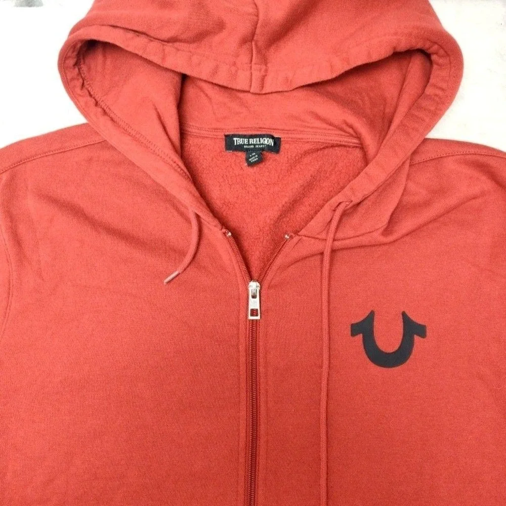 True Religion Hoodie Mens L Red Full Zip Hooded Graphic Fleece Buddha Back